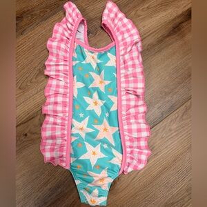 Sweet Honey Pink and Teal Starfish Ruffle One-Piece Swimsuit 2T